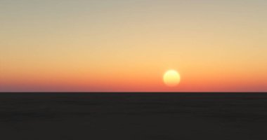 Kızıl günbatımında geniş bir çölün siluetinin bir çizimi.