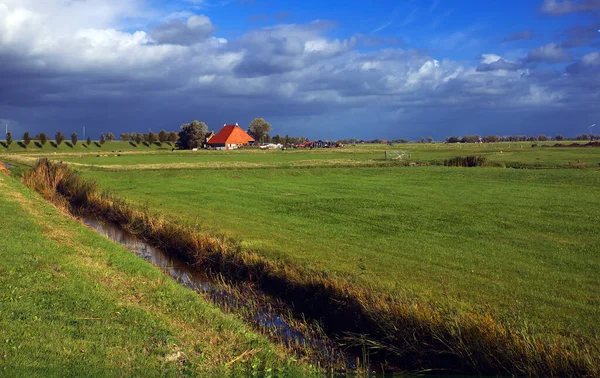 Creek Flowing Fields Grass House Cloudy Sky — Stock Photo, Image