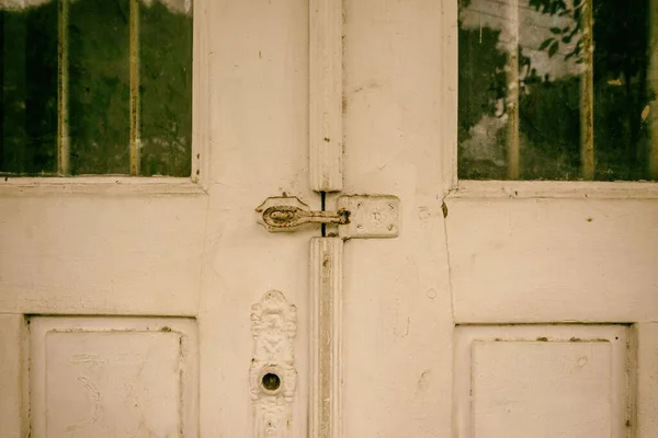 Closeup Old Wooden Door Glass Windows — Stock Photo, Image