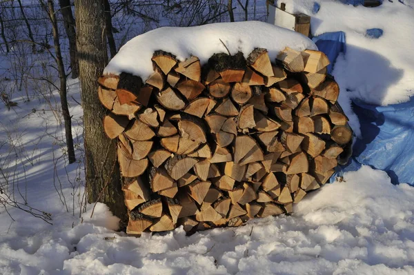Closeup Split Firewood Stacked Missouri Winter Snow — Stock Photo, Image