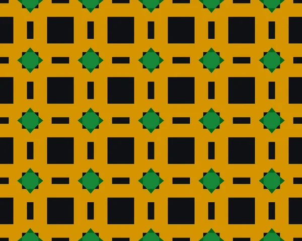 黒を基調としたシームレスな黄色と緑の正方形と三角形のタイルのパターンのイラスト — ストック写真