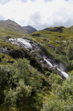 Bir dağ nehrinin kayalık dere yatağının dikey görüntüsü.