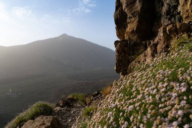 Tenerife, Kanarya Adaları 'ndaki Teide Dağı' nın üzerinde parlayan güneşin hava görüntüsü.