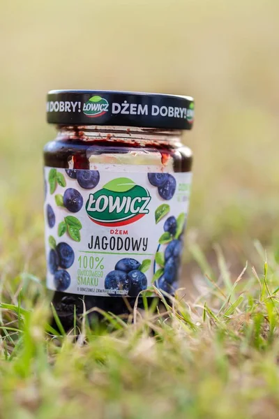 Vertical Shot Polish Lowicz Brand Blueberry Marmalade Glass Jar Green — Stock Photo, Image