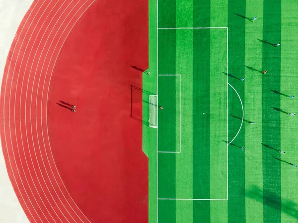 Una Vista Aérea Del Estadio Deportivo Fútbol Con Jugadores Fútbol — Foto de Stock