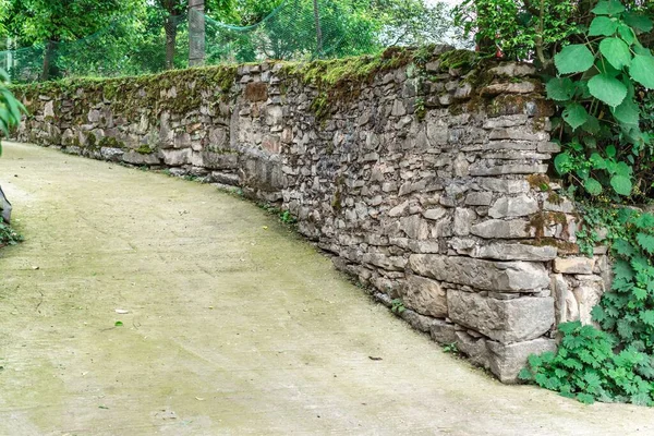 Parkta Yosun Beton Kaldırımla Kaplı Yıpranmış Taş Bir Duvar — Stok fotoğraf