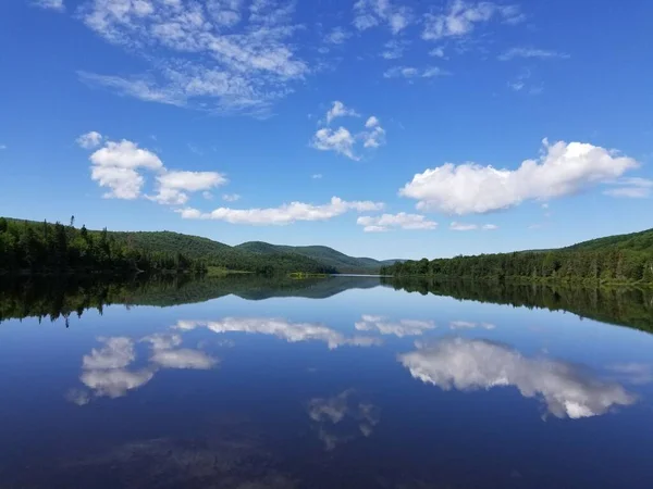 Beautiful View Calm Lake Surrounded Trees Blue Cloudy Sky Reflected — Stock Photo, Image