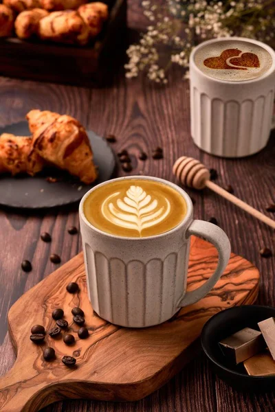 Morning Breakfast Croissants Cups Coffee — Stock Photo, Image