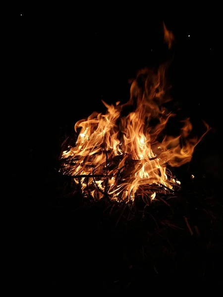 Vertical Shot Burning Wood Campfire Night — Stock Photo, Image