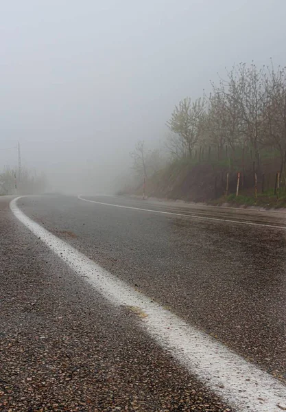 霧のかかった道路の垂直方向のショットを最後に — ストック写真
