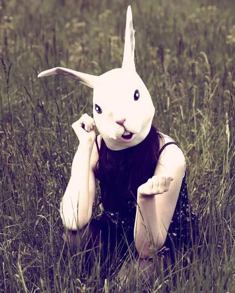 Disparo Vertical Una Chica Campo Con Máscara Conejo Miedo —  Fotos de Stock