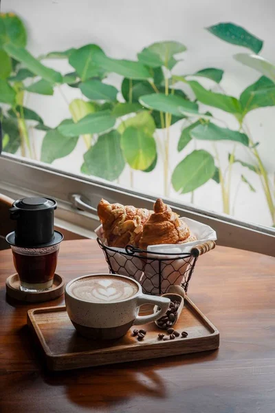 Coffee Latte Vietnam Drip Fresh Baked Croissant Table Breakfast Menu — Stock Photo, Image