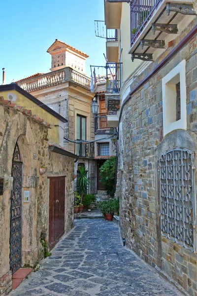 Een Verticaal Schot Van Een Smalle Straat Met Stenen Huizen — Stockfoto