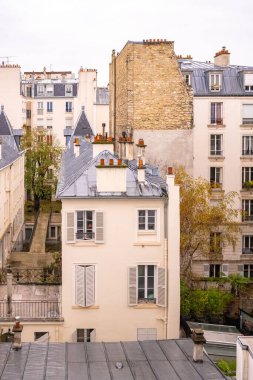 Paris, tipik çinko çatılar, şehir merkezindeki hava manzarası.