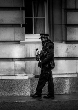 Londra, İngiltere 'de Buckingham Sarayı' na karşı gri tonda yürüyen beyaz bir polisin dikey görüntüsü.