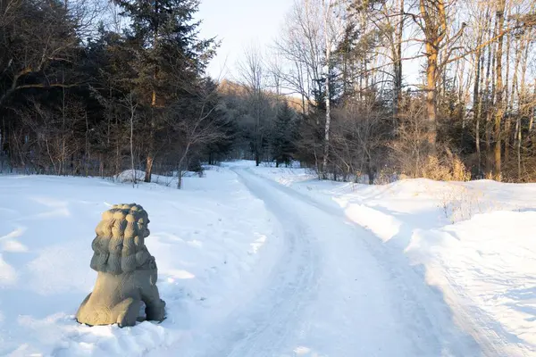 Camino Cubierto Nieve Medio Denso Bosque Con Una Estatua Piedra — Foto de Stock