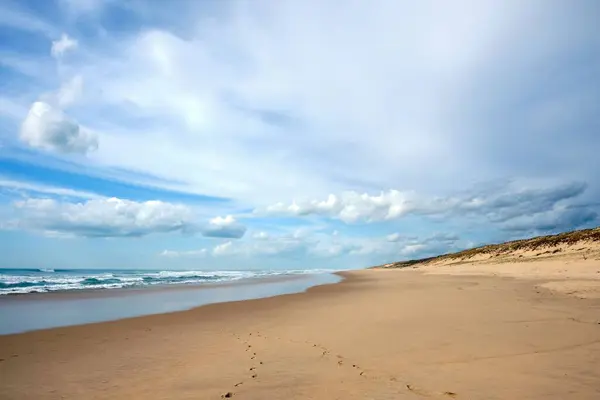 Морський Пейзаж Коричневим Піщаним Пляжем Під Блакитним Небом — стокове фото