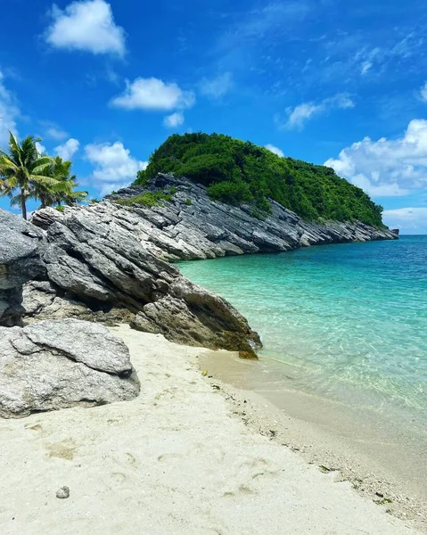 Eine Vertikale Aufnahme Einer Tropischen Insel Mit Dichtem Wald Und — Stockfoto