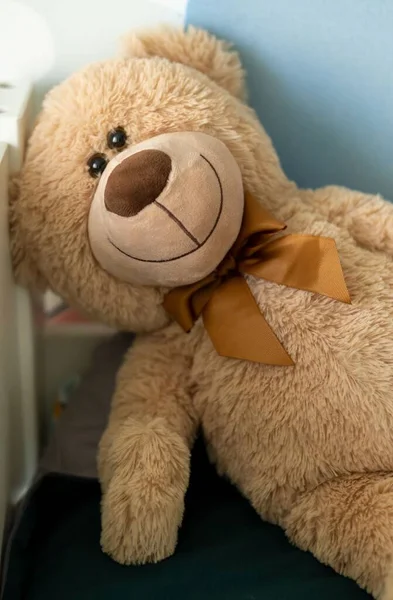 Vertical Shot Smiling Brown Teddy Bear Bow — Stock Photo, Image