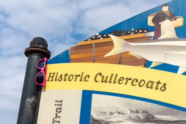 Informační Značka Rybářskou Vesnicí Cullercoats Britskou Historií Růžovými Slunečními Brýlemi — Stock fotografie