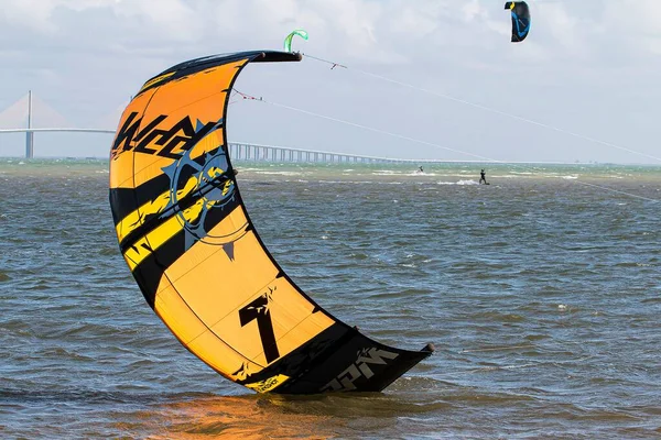 Orange Kite Touching Water Kitesurfing — Stock Photo, Image