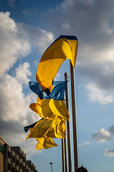 Tiro Vertical Bandeiras Ucranianas Mastins Com Céu Azul Nublado Fundo — Fotografia de Stock