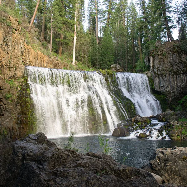 Malowniczy Widok Wodospadu Płynącego Skałach Pokrytych Zielenią Lesie — Zdjęcie stockowe