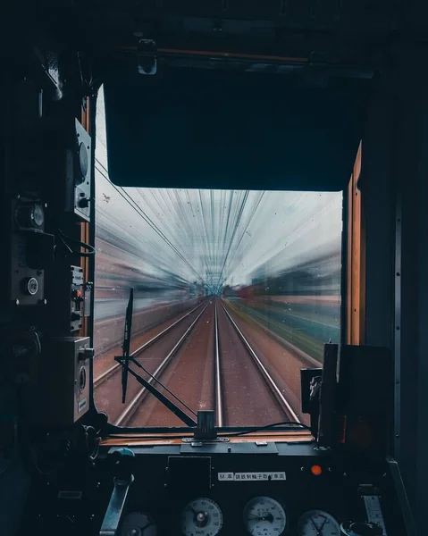 Vista Ferroviária Partir Controle Interno Cabine Metrô — Fotografia de Stock