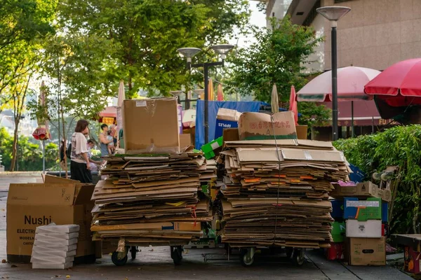 Pile Cardboard Stacked Neatly Trolleys Ready Recycling Busy Street Albert — Stock Photo, Image