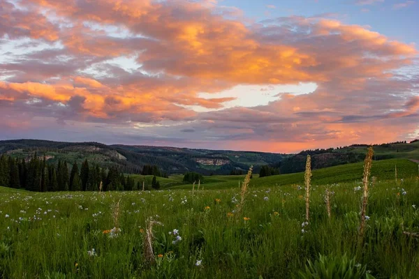 Paisaje Rural Con Una Puesta Sol Escénica Sobre Campo —  Fotos de Stock