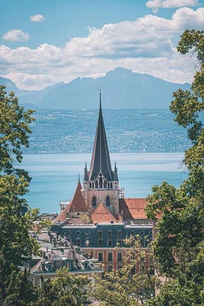 Eine Vertikale Aufnahme Der Kathedrale Von Lausanne Von Den Ästen — Stockfoto
