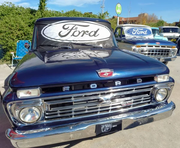 Ford Owalne Logo Marka Przedniej Szybie Starego Niebieskiego Pickupa F100 — Zdjęcie stockowe