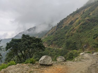 Nepal 'in arka planında bulutlu bir tepe olan dar bir dağ yolu.