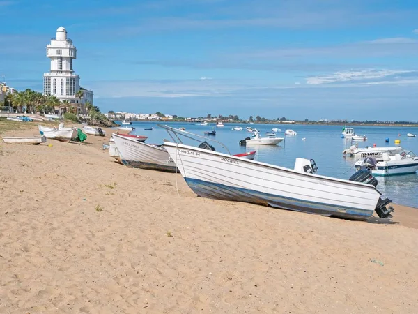 Power Boats Moored Beach Isla Cristina Old Lighthouse Distance — Stock Photo, Image