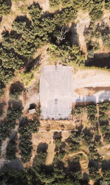 Egy Függőleges Drónfelvétel Egy Kosárpályáról Fákról — Stock Fotó
