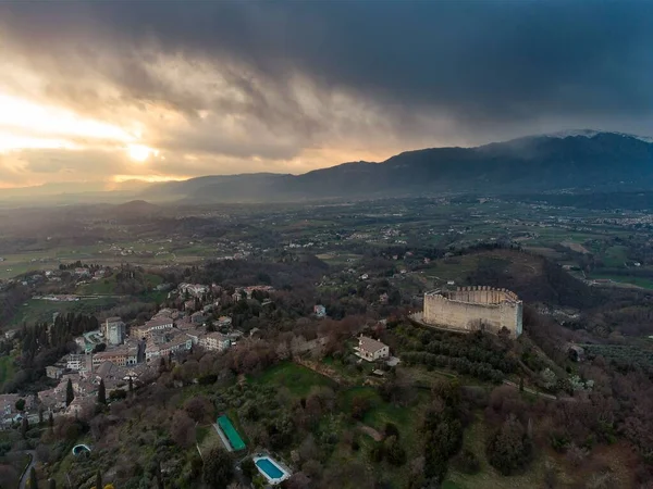 Aerial View Sunset Sky Asolo Fortress Hills — Stock Photo, Image