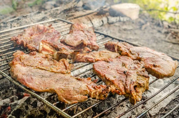 Primer Plano Solomillo Cerdo Una Parrilla Verano Con Una Llama —  Fotos de Stock