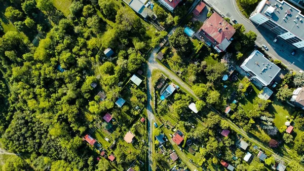 Eine Luftaufnahme Von Häusern Mit Üppig Grünen Gärten — Stockfoto