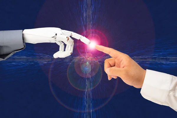 Machine Learning Mani Robot Umani Che Toccano Sfondo Della Connessione — Foto Stock