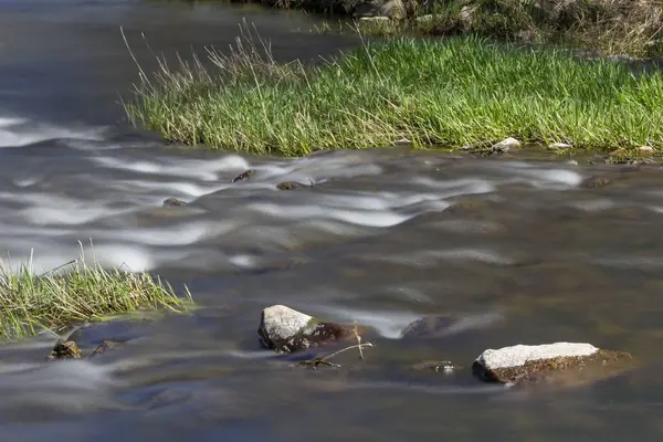 Piękne Ujęcie Strumienia Rzeki Nad Skałami Trawą — Zdjęcie stockowe