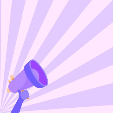 Fotokopi alanı olan mor bir megafonu tutan bir el. Duyuru, terfi, mesaj kavramı.