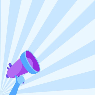 Fotokopi alanı olan bir megafonu tutan bir el. Duyuru, terfi, mesaj konsepti.