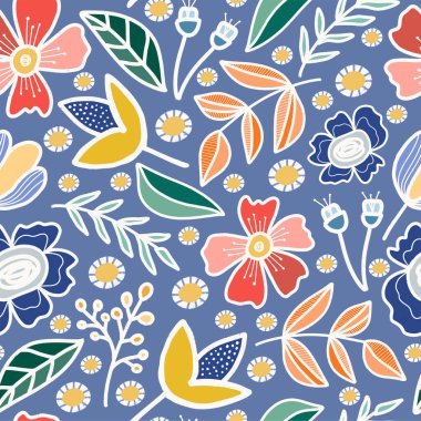 Mavi arka planda kusursuz bir çiçek deseni