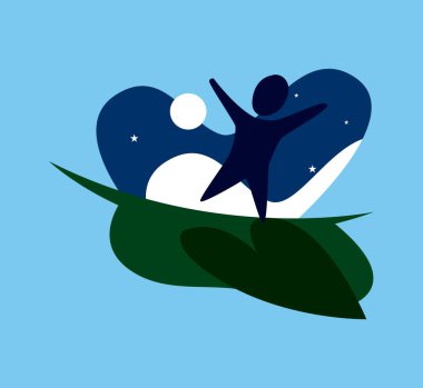 Yıldızların altındaki açık mavi arka planlı bir bahçede kalp şeklinde gölgesi olan mutlu bir insan ikonu..