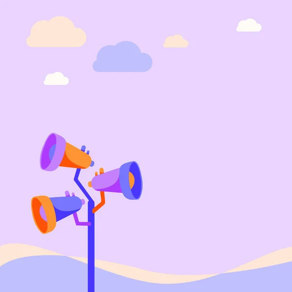 Three Purple Orange Megaphones Pillar Pink Background Concept Announcements Message — Stock Vector