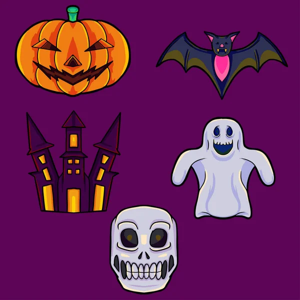 Uma Ilustração Vetorial Ícones Helloween Incluindo Abóbora Fantasma Crânio Morcego —  Vetores de Stock
