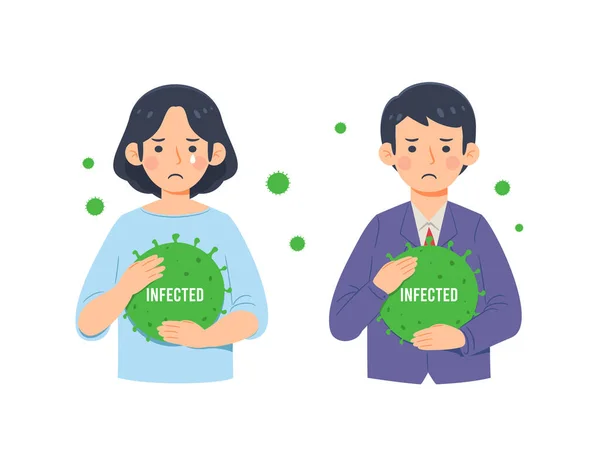 Sad Crying Woman Sad Man Holding Big Virus Being Infected — Stock Vector