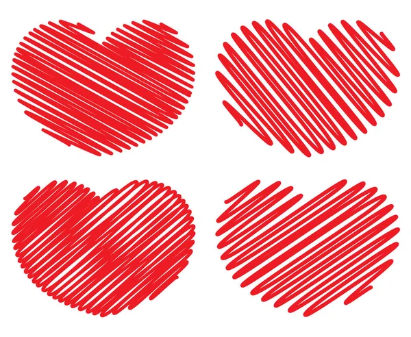 Μια Διανυσματική Απεικόνιση Κόκκινων Χειρόγραφων Καρδιών Λευκό Φόντο — Διανυσματικό Αρχείο