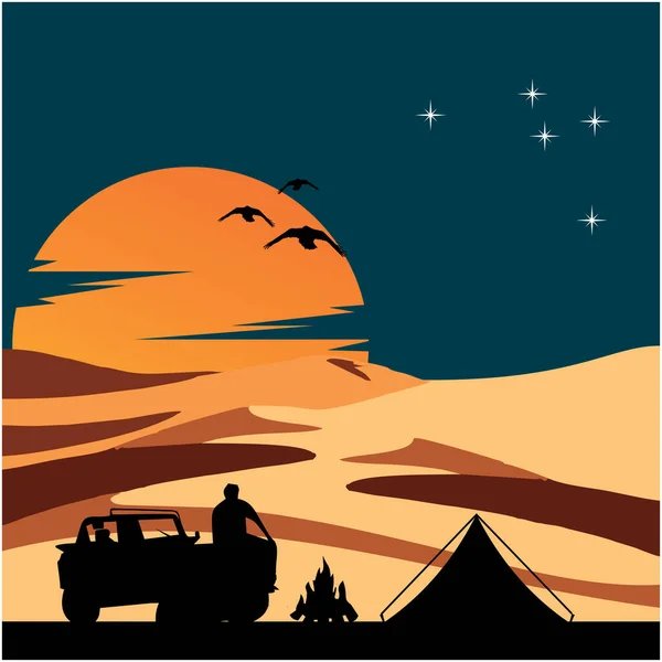 Person Sitting Jeep Bonfire Desert — Stock Vector