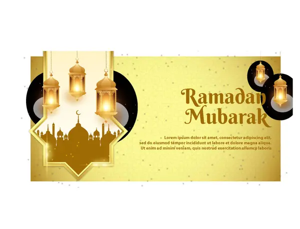 Banner Realistico Ramadan Mubarak Con Moschea Lanterne — Vettoriale Stock